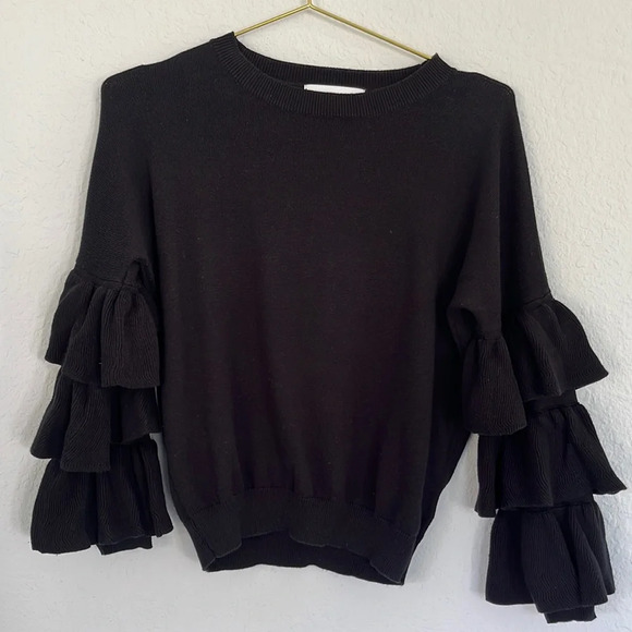 John + Jenn Anthropologie Black Ruffle Sleeve Sweater XS - Picture 2 of 6